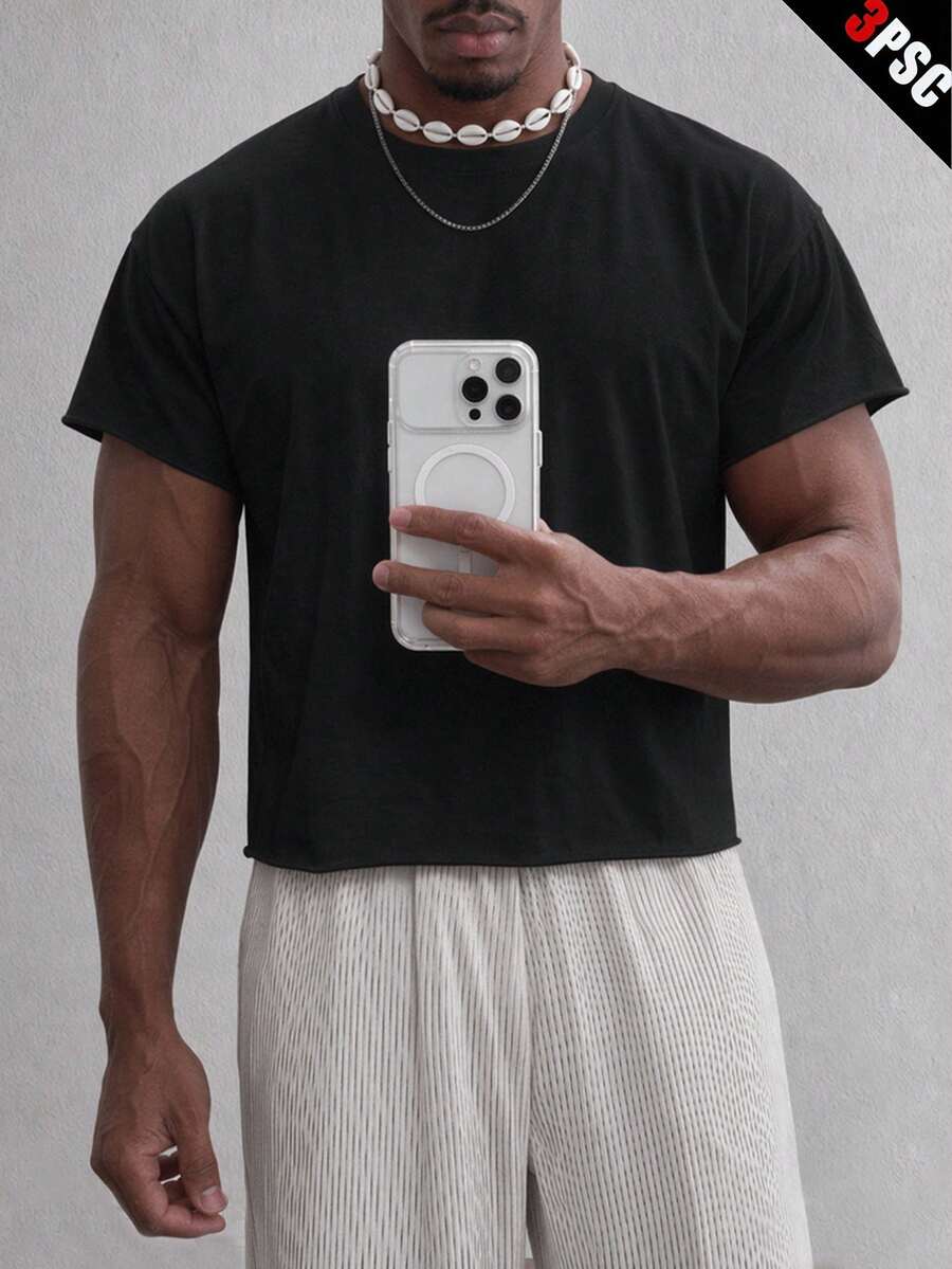 Manfinity VCAY Men's Summer Casual Solid Color Short Sleeve T-Shirt - Black - View 1