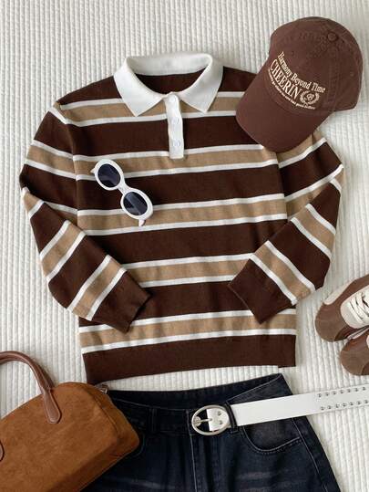 Comfortcana Sweater Kasual Wanita Motif Garis-Garis Blok Warna, Musim Gugur/Dingin