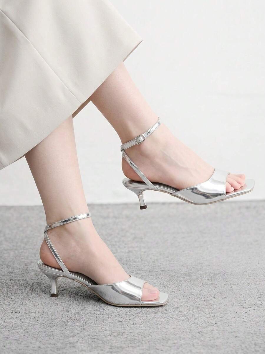CUCCOO BIZCHIC 女款春夏新款銀色踝帶露趾中高跟涼鞋,簡約時尚舒適百搭 - 鐵板銀 - 查看 1