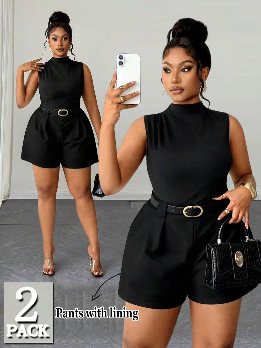 Maweii Women's Plus Size Solid Color High Elastic Stand Collar Sleeveless Top, Casual Versatile Commute Daily Vacation Slimming A-Line Wide Leg Shorts 2pcs Set - Black - View 1