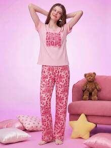 Notgurli Women's Cute Style Pink Leopard Print Pajamas Loungewear Set - Multicolor - View 5