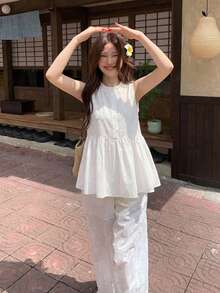 DAZY 女款無袖純色青春風襯衫 - 白色 - 查看 4
