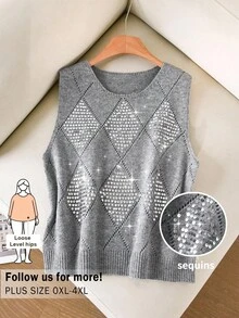 CosyJoli Plus Size Elegant French Casual Beaded Knit Hollow Diamond Lattice Commute Versatile Romantic Pullover Tank Top For Women Fall/Winter - Grey - View 8