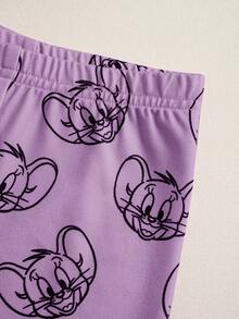 TOM & JERRY X SHEIN 女嬰卡通刺繡T恤與卡通印花短褲套裝 - 紫色 - 查看 6