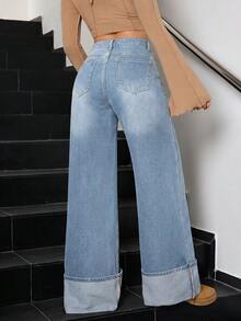 SHEIN Tall 女款寬腿寬鬆休閒百搭牛仔褲，附口袋 - 中等水洗藍 - 查看 2