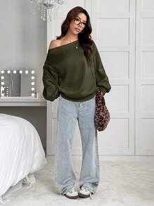 SHEIN EZwear 女款寬鬆不對稱肩白色保暖內裡運動衫，秋冬款 - 軍綠色 - 查看 5