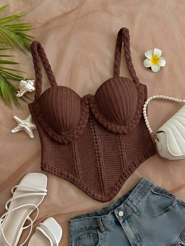 Travachic Plus Size Asymmetrical Hem Knit Top For Vacation Beach Vacation Brown Casual