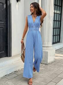 Serisse Women's Deep V-Neck Pleated Casual Daily Denim Jumpsuit Fall - Light Wash - View 4