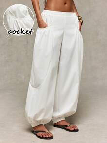 Normani Women's White Balloon Trousers, Low-Rise Harem Pants, Featuring Pleats And Pockets; An Elegant Choice For A Stylish, Casual Summer Look. Vacation - White - View 1