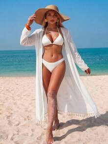 Swim Lushoire Women's Floral Placement Print Cover Up With Detachable Belt, Beach Party Vacation Kimono Cover-Up - White - View 6