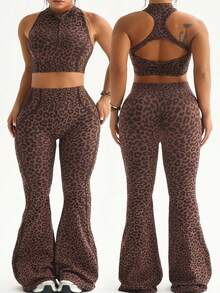 Rhythm Era Women's Seamless Plus Size Leopard Print Sports Set Tank Top Flare Pants Gym Sports Chocolate Brown Summer - Multicolor - View 1