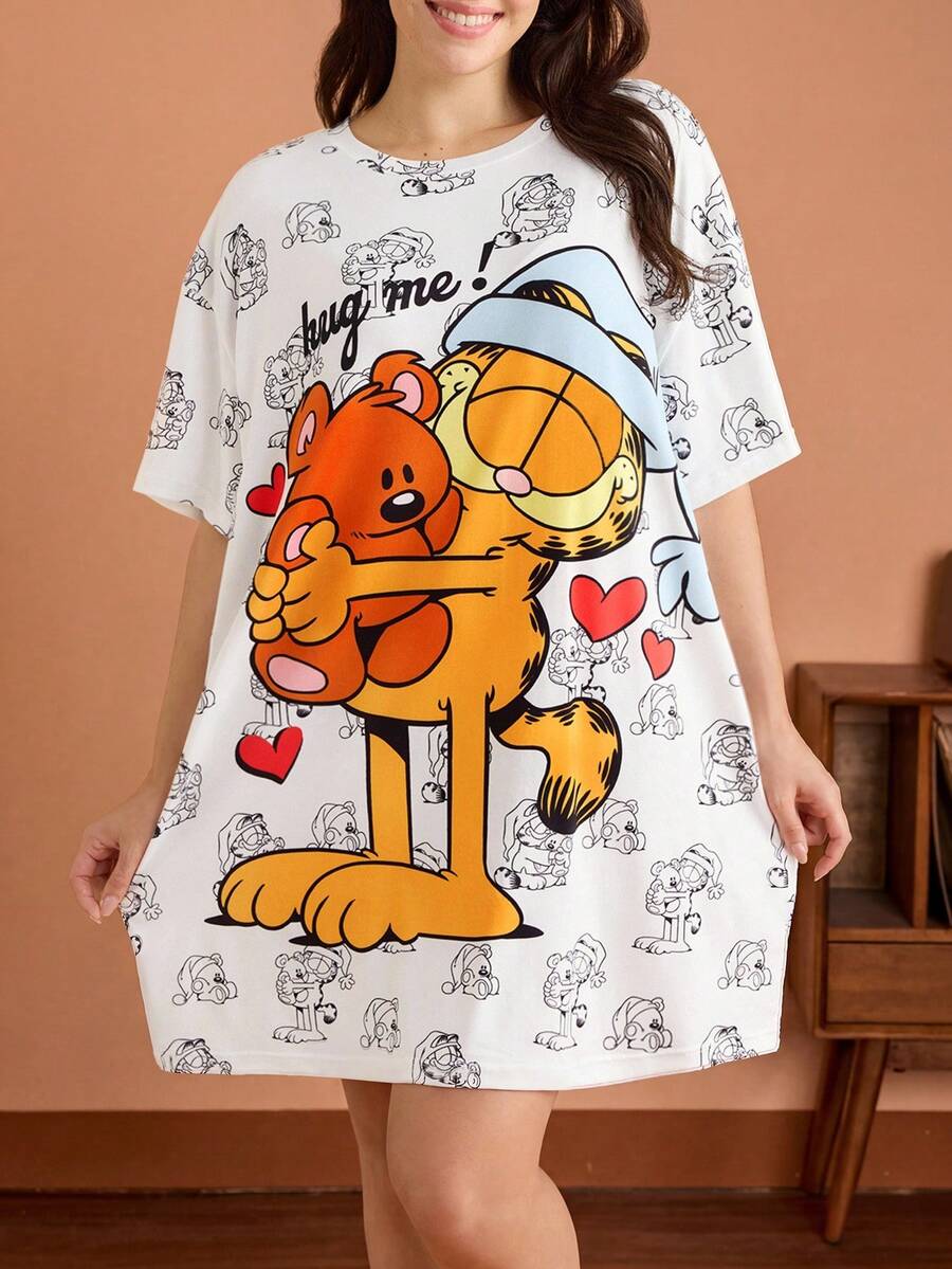 GARFIELD | SHEIN 加大码可爱猫咪印花圆领短袖睡裙,夏季卡通睡衣女款,哞哞睡裙 - 白色 - 查看 1