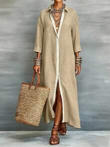 Linhara CURVE Plus Size Casual Boho Vacation Contrast Color Button Front Dress Autumn Brunch Formal Beige - Khaki - View 1