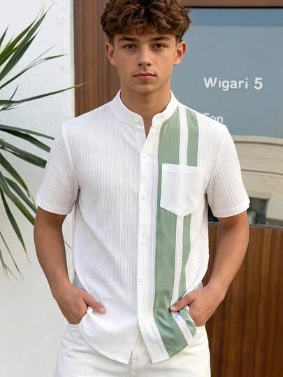 SHEIN Boys White Stand Collar Shirt With Green Vertical Stripe For Daily School, Family Trips, Outings & Semi-Formal Occasions & Back To School
