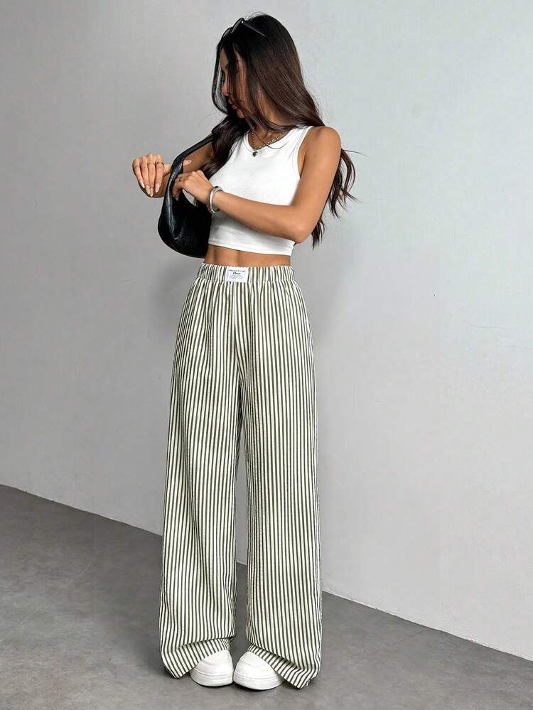 SHEIN PETITE Women's Autumn Striped Elastic Waist Casual Versatile Fashion Long Pants,Petite Women Back-To-School School Green And White Striped - Army Green - View 4