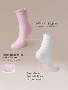 GLOWMODE 2-Pair Cotton Blend Powerhouse Pilates Grip Socks With Lettuce Trim & Anti-Slip Grips Daily Active Studio Wear - White + pink. - View 5