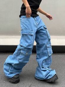 Manfinity EMRG Men's Wide Leg Flare Cargo Denim Jeans - Blue - View 4