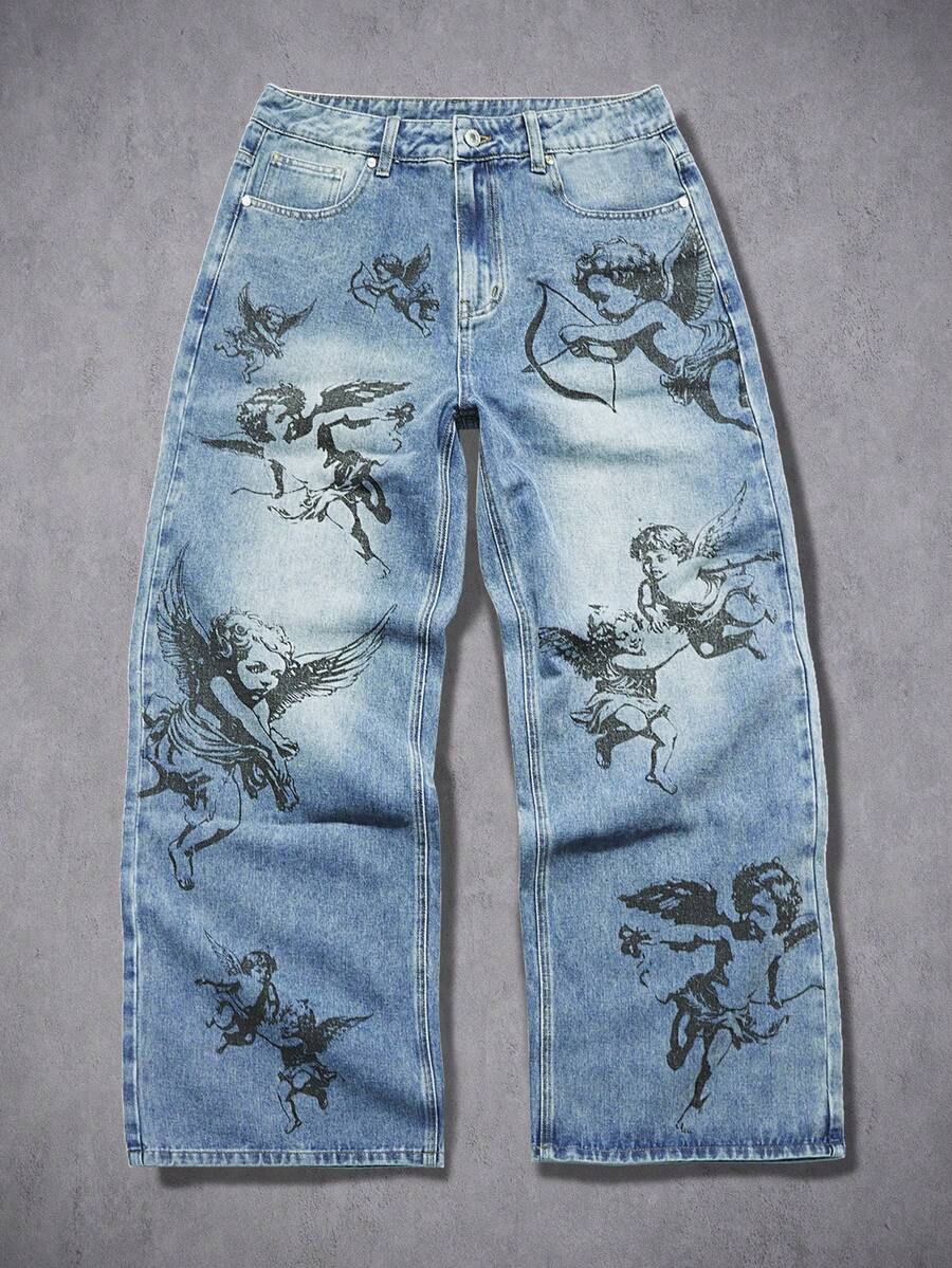 Manfinity Denimwave 男士街頭風哥德天使印花水洗牛仔直筒寬腿長褲 - 淺色水洗藍 - 查看 1
