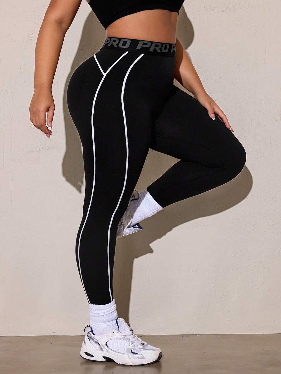 SHEIN Rhythm Era Women's Plus Size Letter Waistband Casual Sports Leggings - Black - View 1