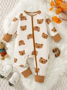 SHEIN Playful Pals 2025 春季嬰兒幼童可愛綠色拖拉機印花連身褲，新款拉鍊設計時尚舒適時尚連身套裝，適合秋季 - 棕色 - 查看 5