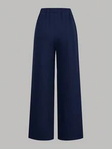 Girlism 青少年女孩拼接雙排扣翻領襯衫與純色長褲休閒襯衫套裝 - 藏蓝色 - 查看 9