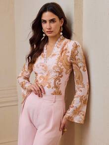 ZEYLAH Women's Contrast Lace V-Neck Long Sleeve Floral Print Top - Baby Pink - View 3