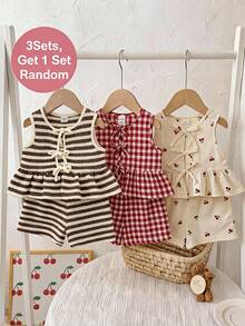 Conjunto de 2 piezas de top de tirantes de cuello redondo a rayas de punto y pantalones cortos para bebé niña - Marrón Mocha - Ver 2
