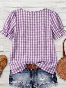 Linhara Plus Size Bubble Wrinkle Plaid Pattern Spring Summer Square Neck Puff Sleeve Casual 1920s Vacation Blouse Shirt For Women Date Night Purple - Purple - View 2