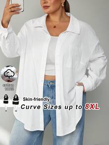 SHEIN CURVE+ 大尺碼女款純棉休閒傳統優雅白色襯衫，秋季上衣，教師節早午餐辦公室度假正式場合俱樂部秋季教師穿搭 - 白色 - 查看 2