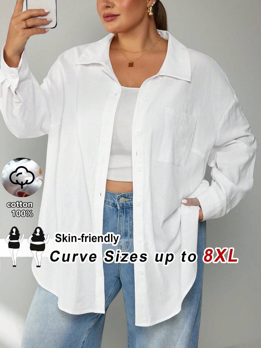 SHEIN CURVE+ 大尺碼女款純棉休閒傳統優雅白色襯衫，秋季上衣，教師節早午餐辦公室度假正式場合俱樂部秋季教師穿搭