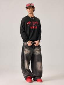 Strevion BATMAN 男士休闲红色蝙蝠侠标志印花圆领长袖T恤，适合春秋季日常穿着 - 黑色 - 查看 6