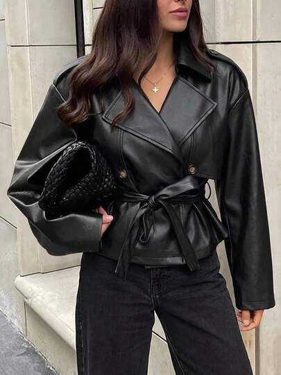 Aloruh Autumn/Winter Versatile Khaki Cinched Waist Short Trench Coat Jacket For Women