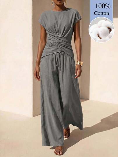 Zivah Latest Grey Summer Elegant Vacation Women's Wide Leg Pants And Round Neck Layered Hem Top Versatile Casual Cruise Beach Seaside Outfit Set