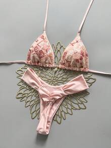 Swim MOD 2件套 春夏度假款 隨機印花櫻桃飾品掛脖三角杯比基尼上衣與比基尼褲 女款性感泳衣 - 淺粉色 - 查看 5