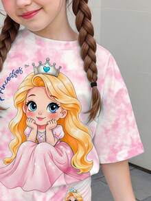 Young Girl Young Girls Simple Casual Short Sleeve Cartoon Pattern Leggings 2 Pieces Set - Multicolor - View 5