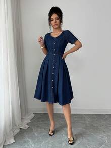 Elenzga 女款秋季休閒優雅前開鈕扣百褶牛仔洋裝，適合辦公室與早午餐，深藍色 - 深色水洗藍 - 查看 5
