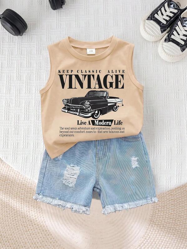 SHEIN 2 piezas Conjunto informal de verano para niño pequeño con top de tirantes con gráfico de coche y pantalones cortos de mezclilla