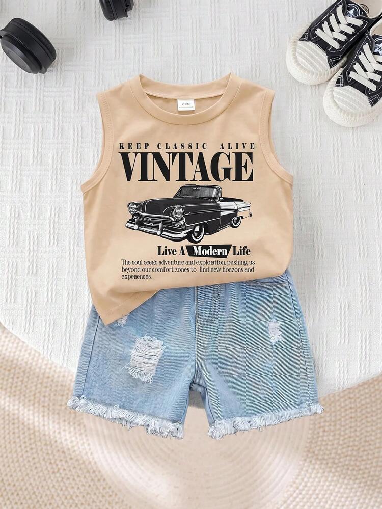 SHEIN 2pcs Baby Boy Summer Casual Street Chic Car Graphic Tank Top And Denim Shorts Set - Multicolor - View 1