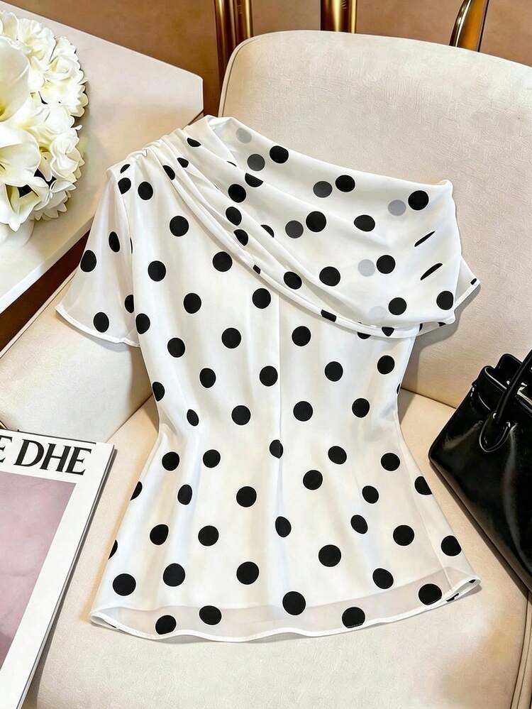 INAWLY Women's Elegant French Fashion Casual Elegant Polka Dot Pattern Asymmetrical Shoulder Top Brunch Date White And Black Polka Dot Summer - White - View 2