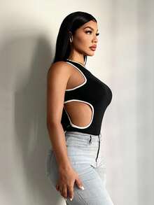 SHEIN SXY 女式夏季休闲性感黑白撞色紧身连体衣，运动风格上衣 - 黑色 - 查看 5
