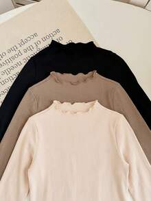SHEIN LMoss Kids LMoss 女嬰舒適針織純色荷葉邊連身衣 3件套，秋季 - 卡其色 - 查看 4