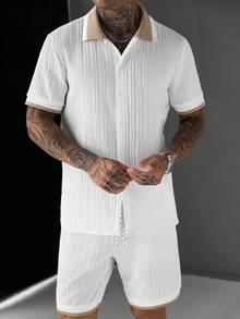 Manfinity CasualCool 男士對比色短袖單排扣襯衫與短褲休閒套裝 - 駝色 - 查看 6