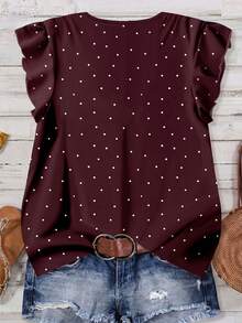 SHEIN LUNE Plus Size Casual Minimalist Polka Dot Print V-Neck Shirt, Suitable For Summer Fall - Burgundy - View 2