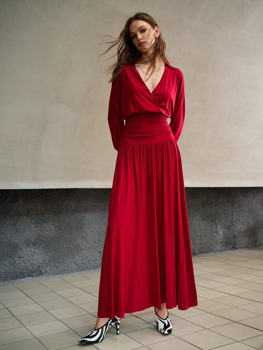 MOTF PREMIUM WOMEN'S AUTUMN KNIT BATWING SLEEVE STRUCTURED DESIGN LONG DRESS - Red - View 1