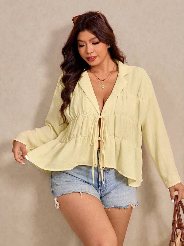 Elaquor Plus Size Women's Solid Color Front Tie Long Sleeve Casual Shirt