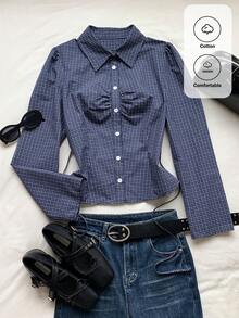 Comfortcana Women's Casual Plaid Shirt, Spring/Autumn Autumn For Women Back To School Going Out Top - Blue - View 3