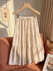 Comfortcana Plus Size Women's Vacation Waist Tie Ruffle Hem Casual Skirt - Apricot - View 7