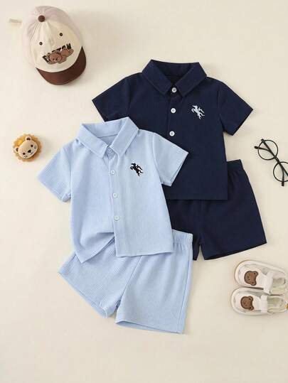 4pcs Set Casual Minimalist Preppy Style Baby Boy Outfit: Solid Color Textured Short Sleeve Shirt And Elastic Waist Shorts With Horse Embroidery, Button Design For Easy Wear, Comfortable & Versatile, Suitable For Summer, Party, Sports, Back To School And Daily Wear, Summer Vacation Casual Wear, Baby Boy Summer Shirt Set, Baby Boy Clothing, Baby Boy Shorts Set 4pcs, Summer Baby Clothes Set, Baby Boy Summer Matching Set, 2026 New Fashionable Baby Boy Outfit.