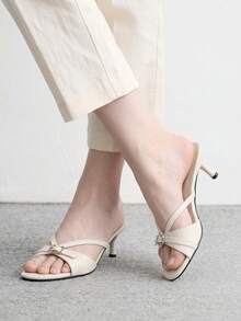 CUCCOO BIZCHIC French Style Elegant Commuter Comfortable Versatile Short Heel Round Toe Button Kitten And Lady Open Toe Cold Slippers - Cream White - View 3