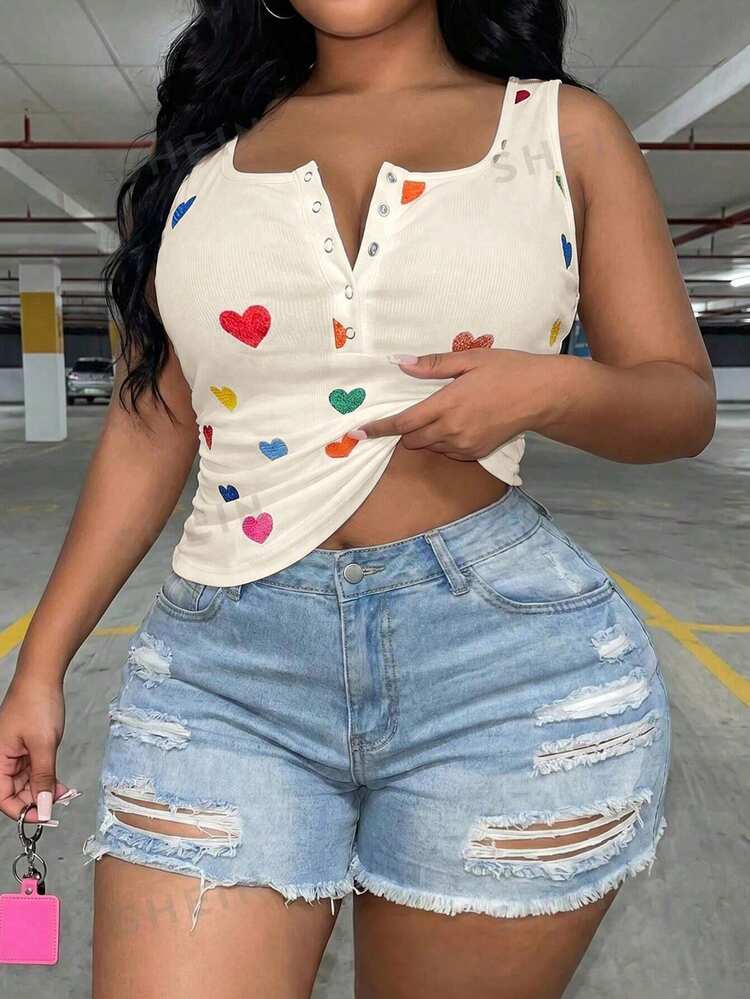 Slaydiva Plus Size Summer Casual Heart Print Tank Top - Apricot - View 6